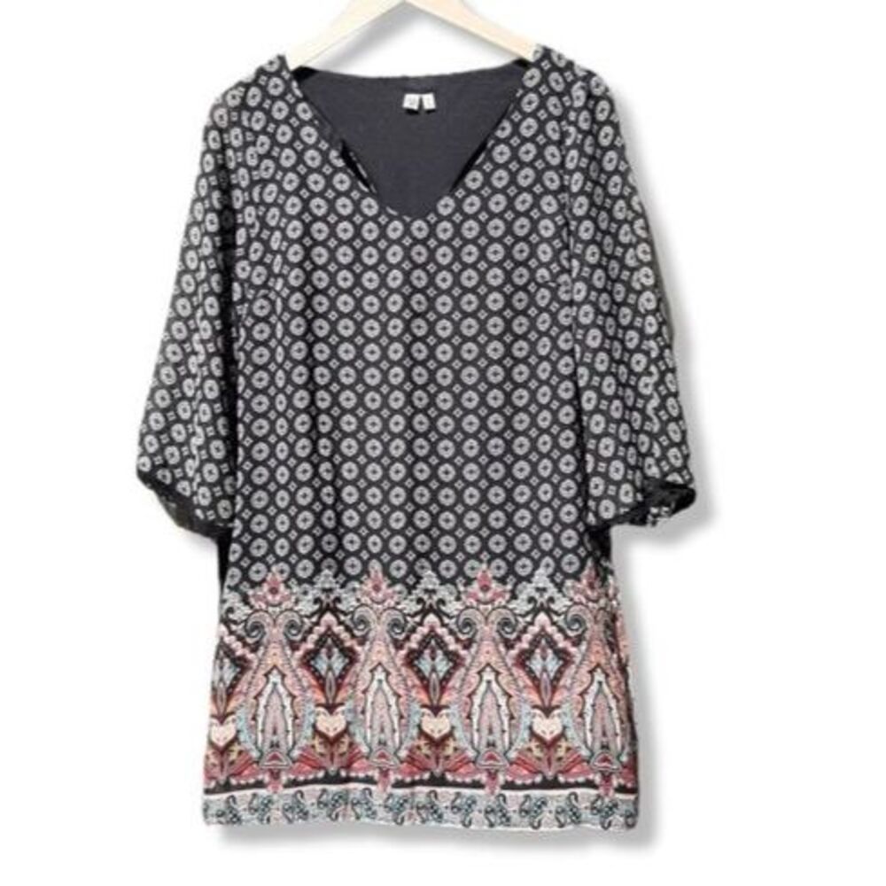 AUW Bohemian Tunic Lined Mini Dress Back Cut-out Bell Sleeve Size M - Picture 1 of 15